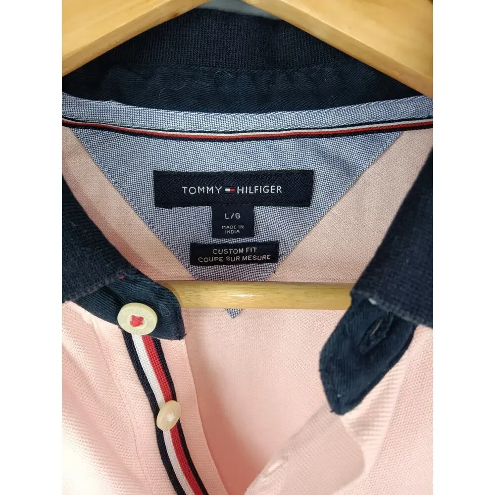 Tommy Hilfiger Men's Pink Polo Shirt with Navy Collar